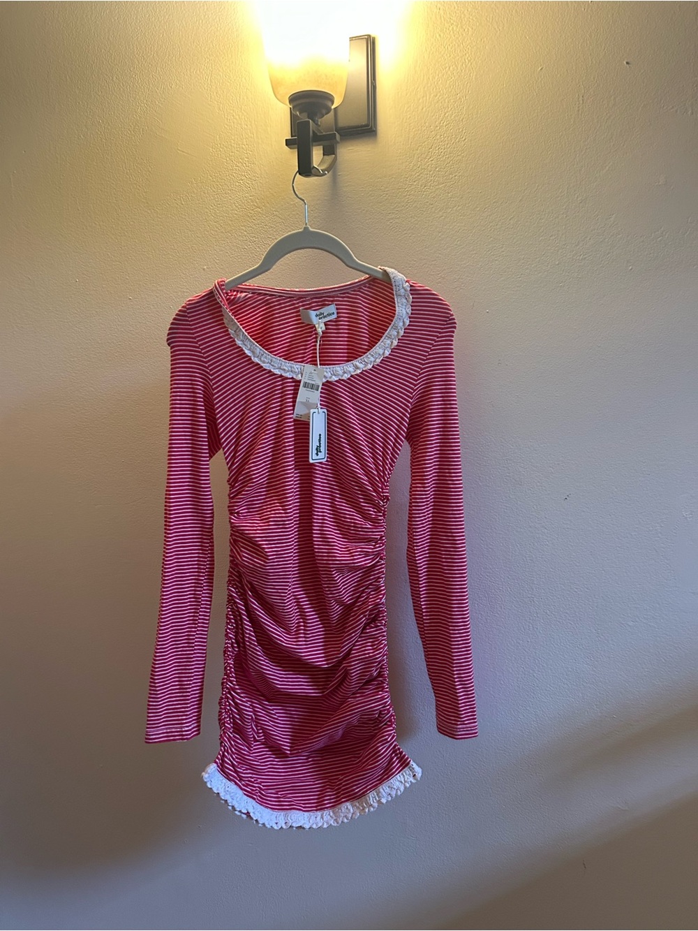 NWT Daily Practice Anthropologie Red White Striped Ruched Dress Lace Trim  XS
